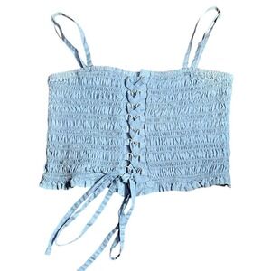 American Eagle Smocked Cami Women Small Blue Excellent Lace Up Cropped Tank Top‎